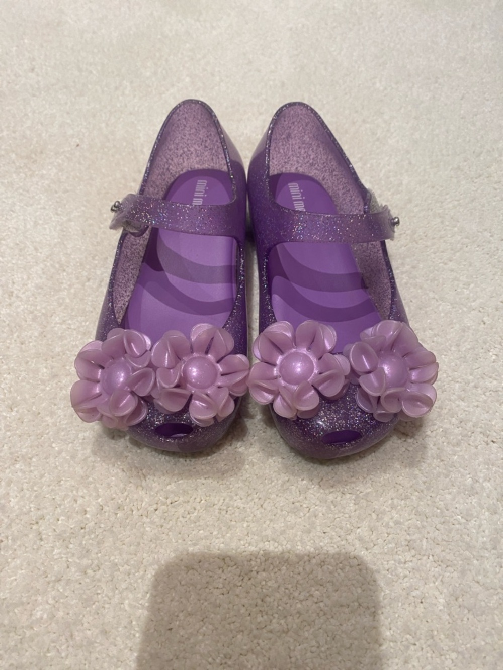 Mini Melissa Glitter Purple Mary Jane Dress Shoes with Flowers